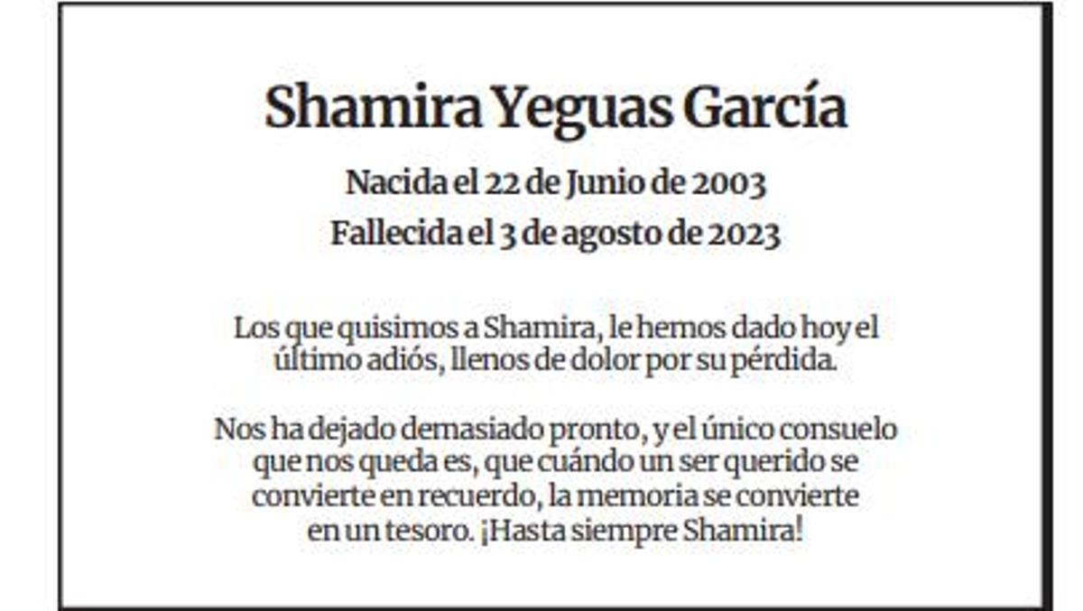Esquela de Shamira Yeguas García