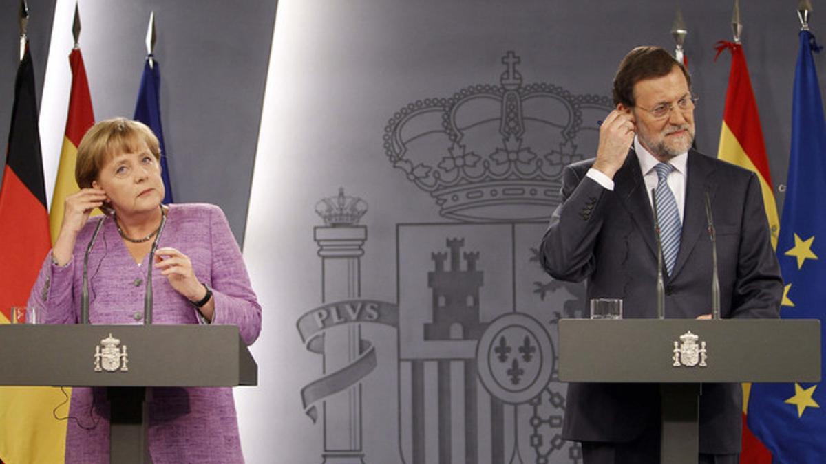 Merkel y Rajoy, durante la rueda de prensa que han ofrecido este jueves tras reunirse en la Moncloa.