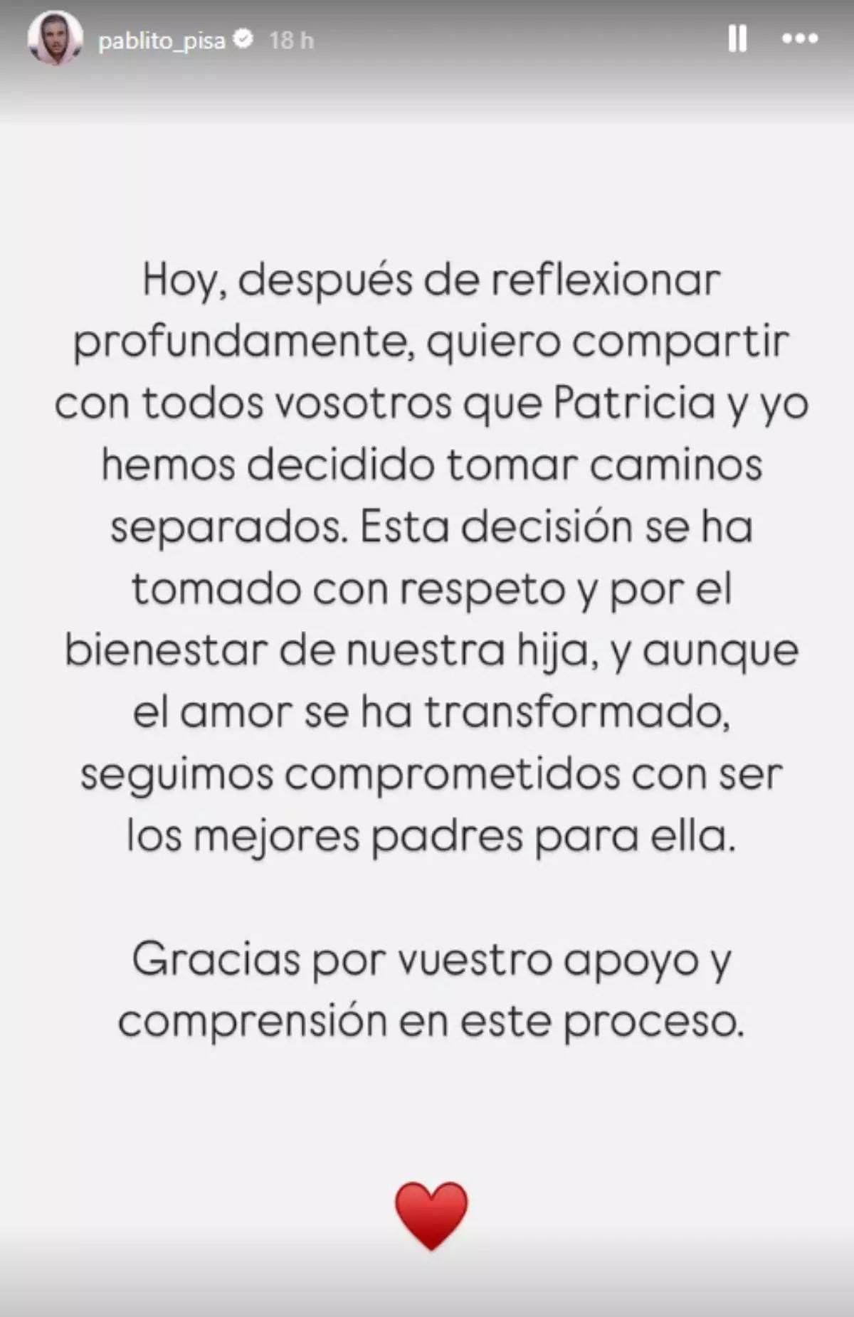 El comunicado de Pablo Pisa con el que anuncia su separación de Patricia Steisy