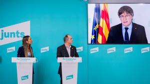 El president de Junts, Carles Puigdemont, durante la rueda de prensa del traspaso de inmigración