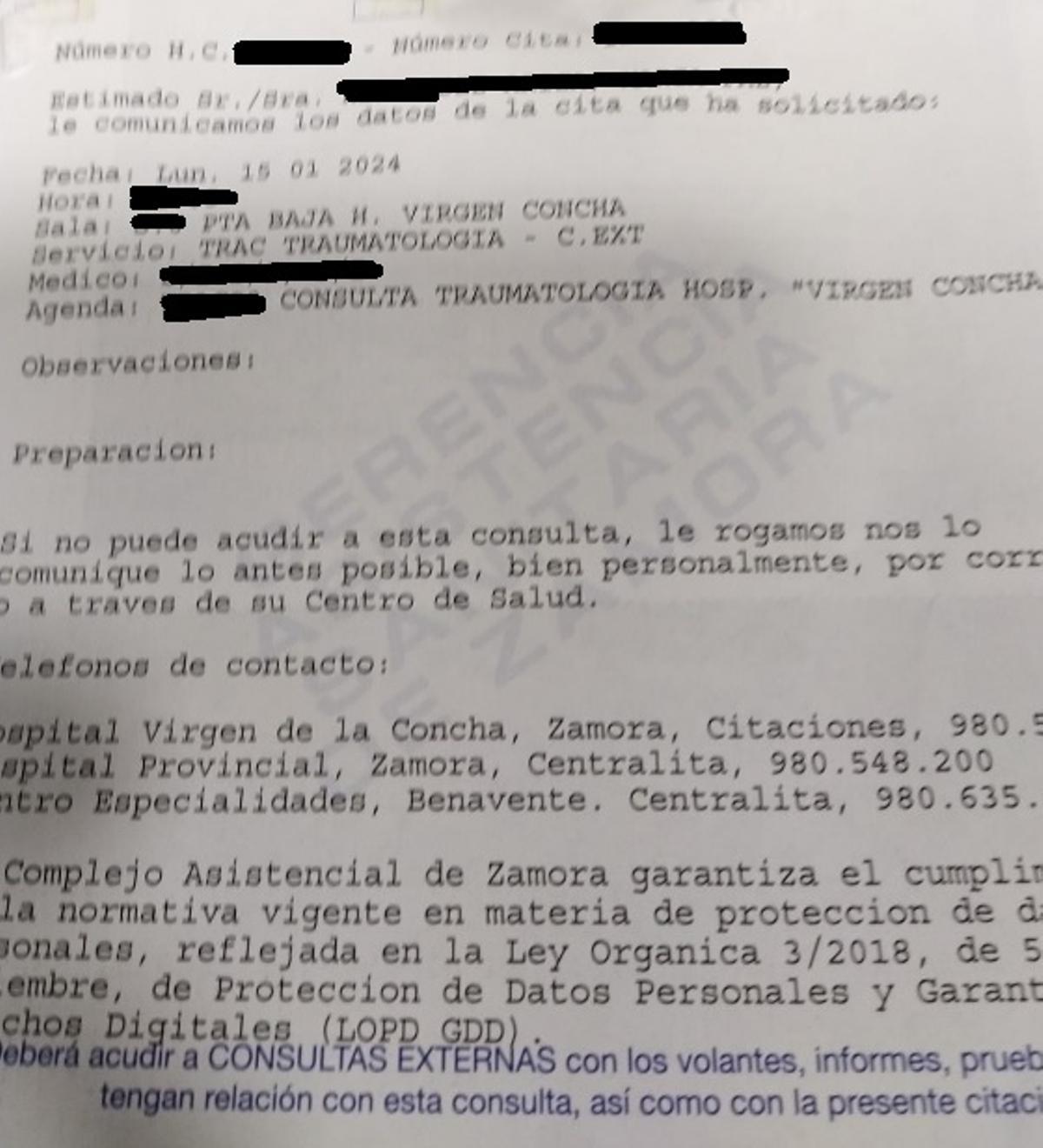 Carta de la cita para consulta de Traumatología para enero de 2024