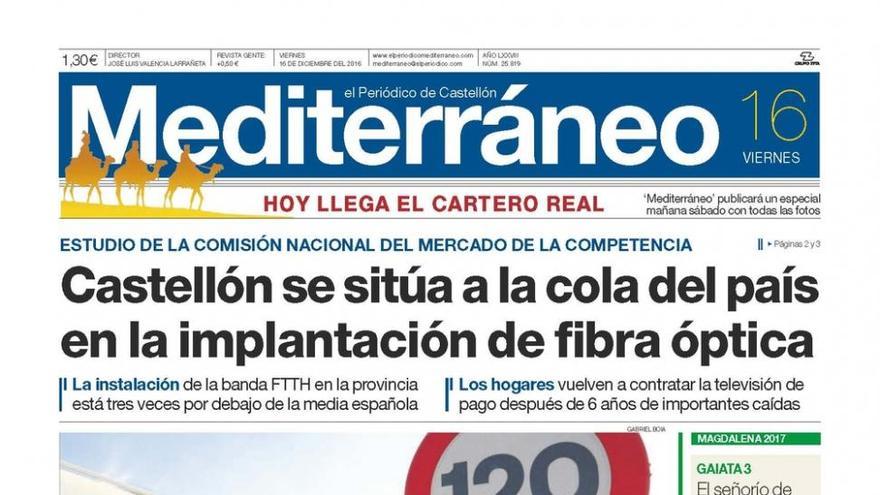 Castellón se sitúa a la cola del país en la implantación de fibra óptica, en la portada de Mediterráneo