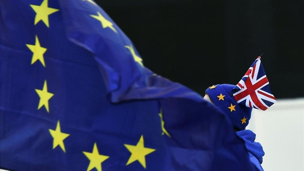 Un manifestante contrario al 'brexit' protesta ante la sede del Parlamento británico, en Londres.