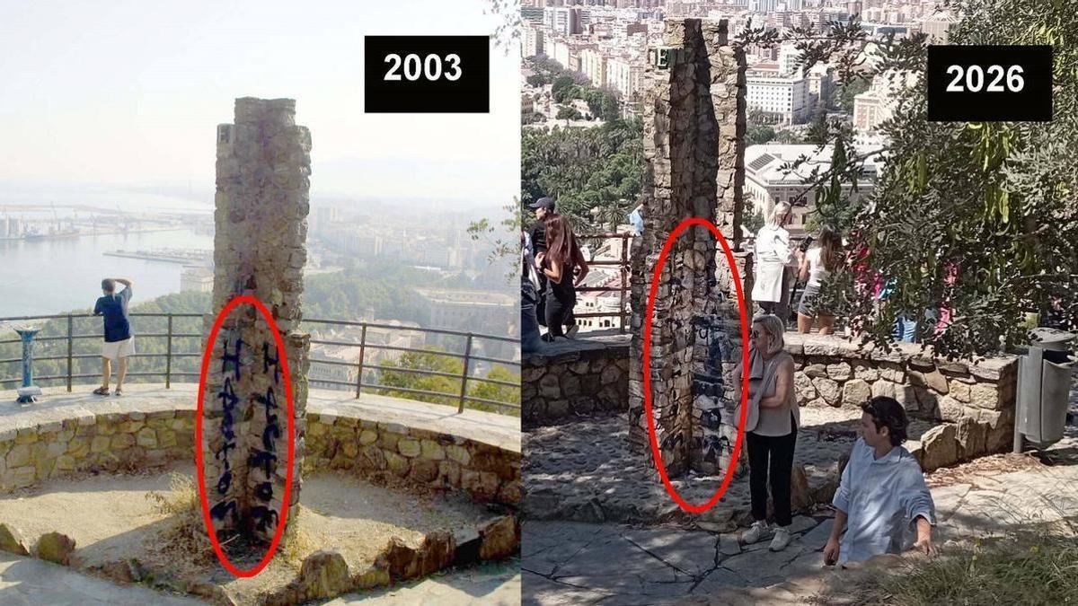Las mismas pintadas de gran tamaño en el mirador de Gibralfaro, 23 años después.