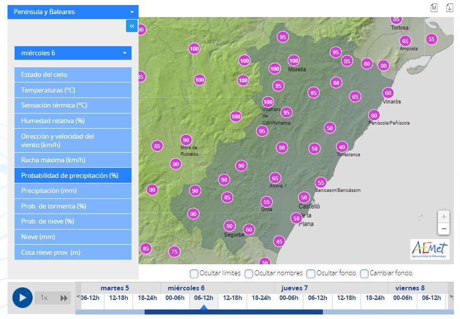 Probabilidad de lluvia en Castellón durante la mañana del miércoles.