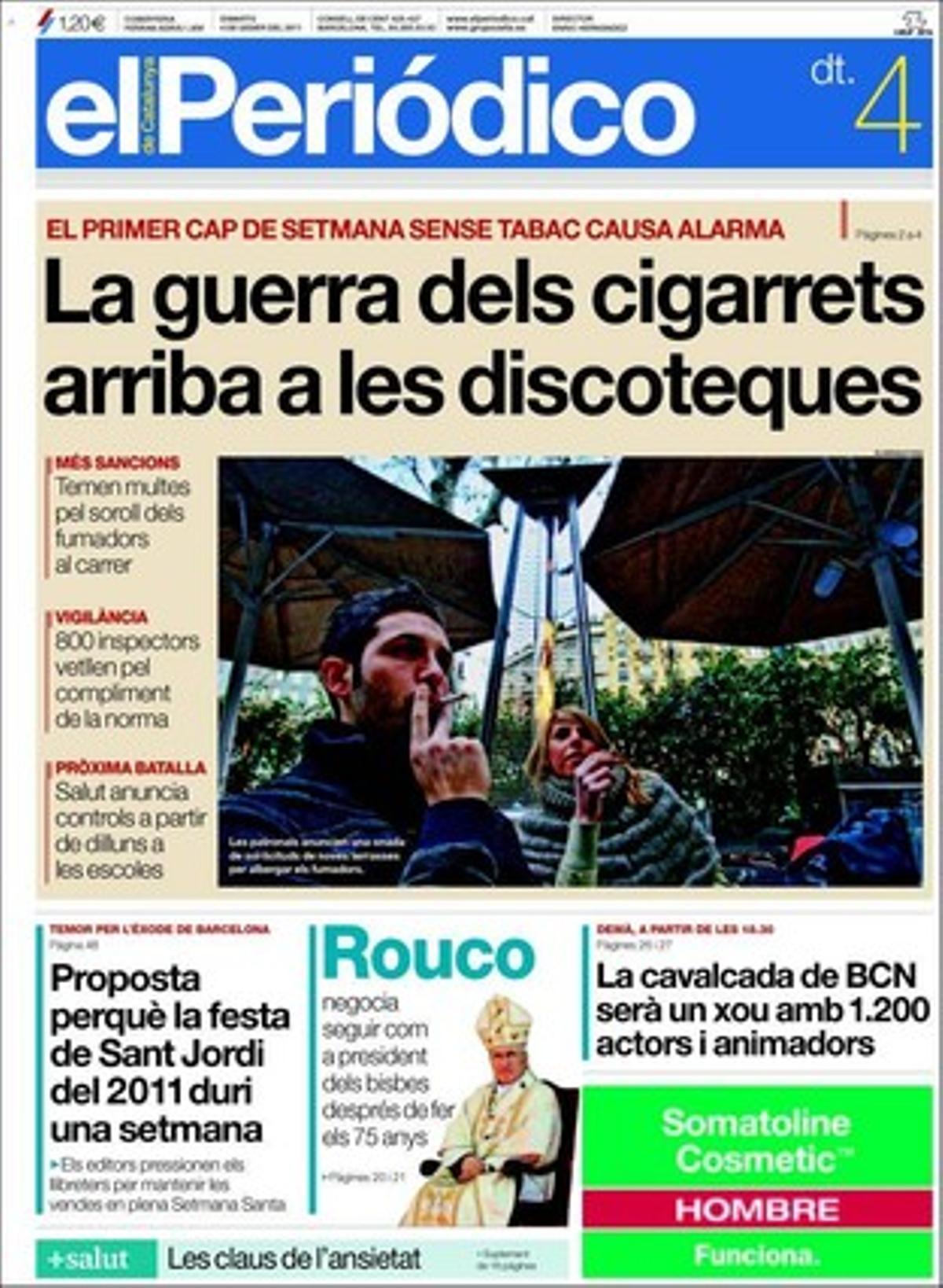 EL PERIÓDICO també destaca a dins que l’entorn d’Esperanza Aguirre aviva la tensió al PP al defensar Francisco Álvarez-Cascos, que la ministra Leire Pajín diu que els bisbes parlen sense rigor de la violència masclista, que el conseller Felip Puig renuncia a abolir el límit dels 80 km/h, que una gran fira de maquinària serà el plat fort firal de Barcelona el 2010, que les vendes de cotxes van caure un 24% al desembre, que Milito demana al Barça que el cedeixi fins a final de temporada, i que Zsa Zsa Gabor perdrà part de la seva cama dreta. També ofereix el mensual ’+Salut’.