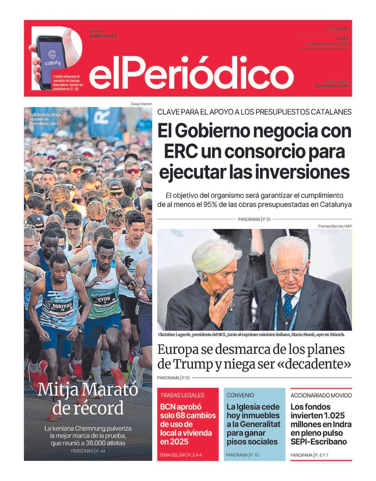 La portada de EL PERIÓDICO del 16 de febrero de 2026