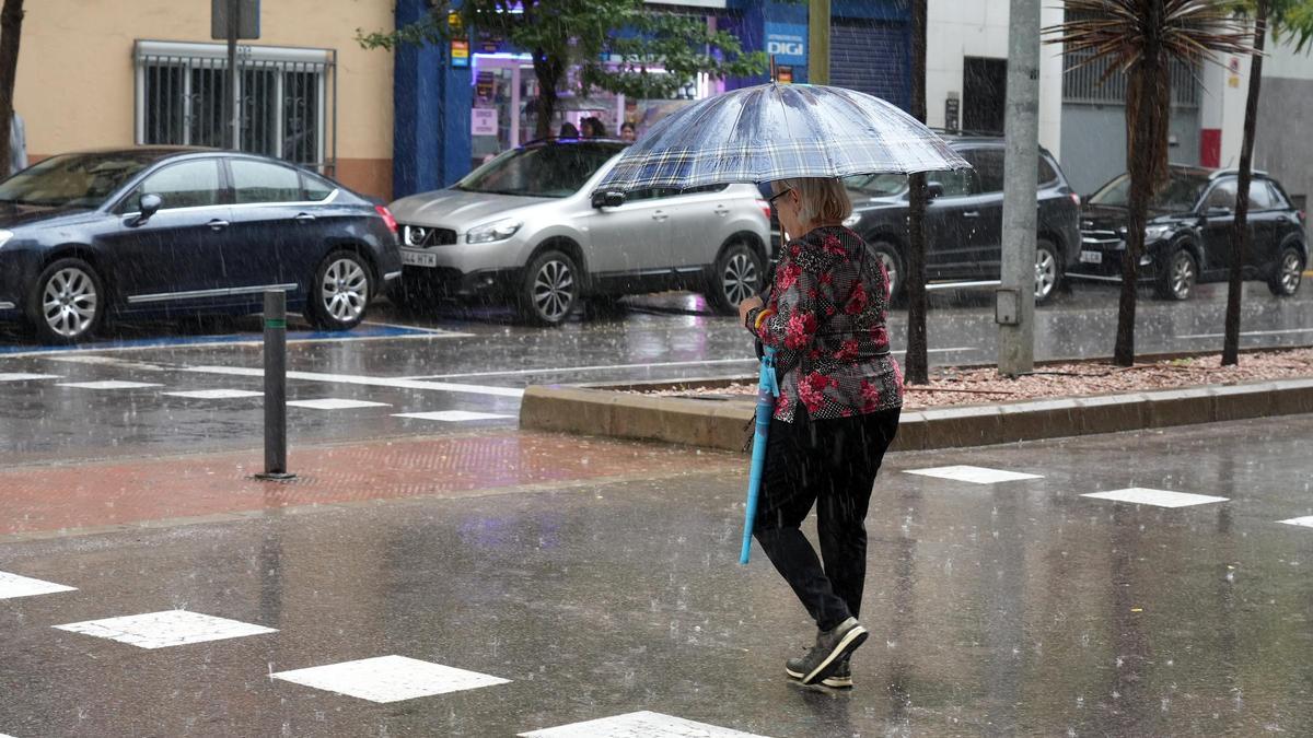 Una mujer pasea en paraguas por Castelló.