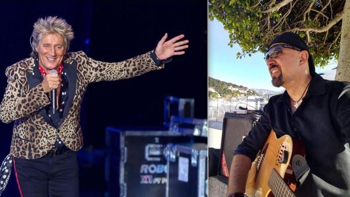 Rod Stewart en concierto y el músico Johann del Río en el lugar del Port de Sóller donde coincidió con la estrella del rock