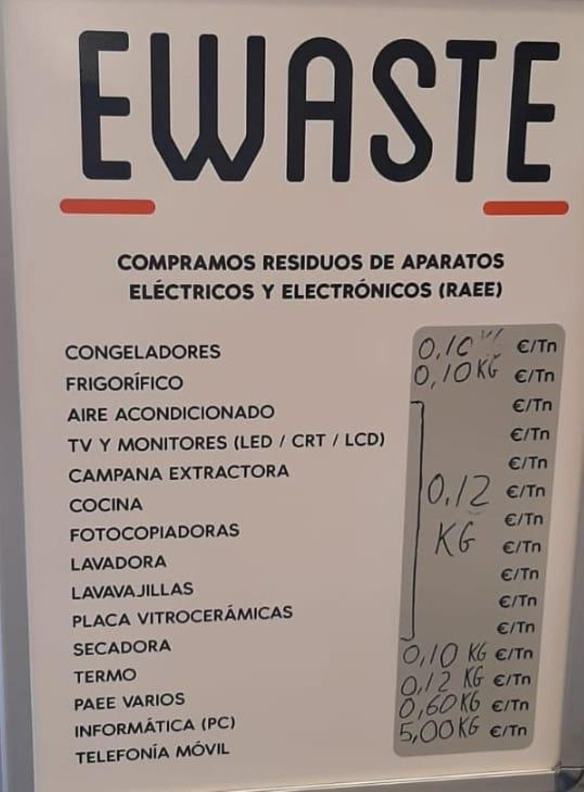 Cartel situado en la puerta de la nave con el listado de algunos aparatos y su precio al peso. Hacen hincapié en que la idea es cuidar el medio y  menos es nada.