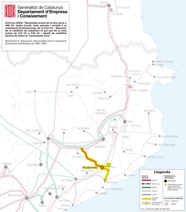 Mapa del ramal de Riudarenes tal i com el té previst executar Red Eléctrica.