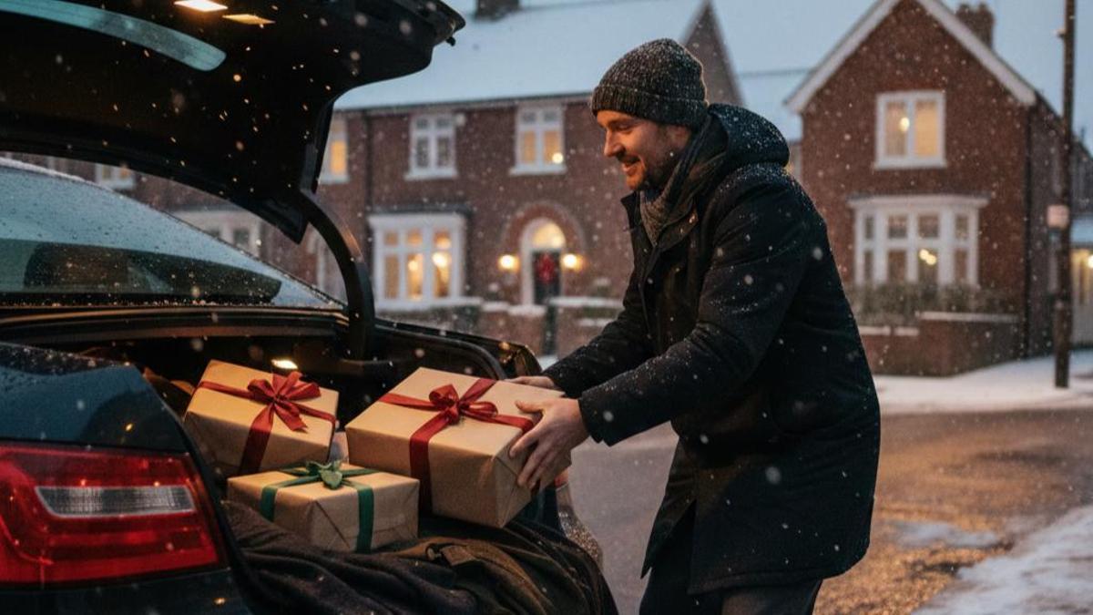 Hombre dejando regalos de Navidad en el coche