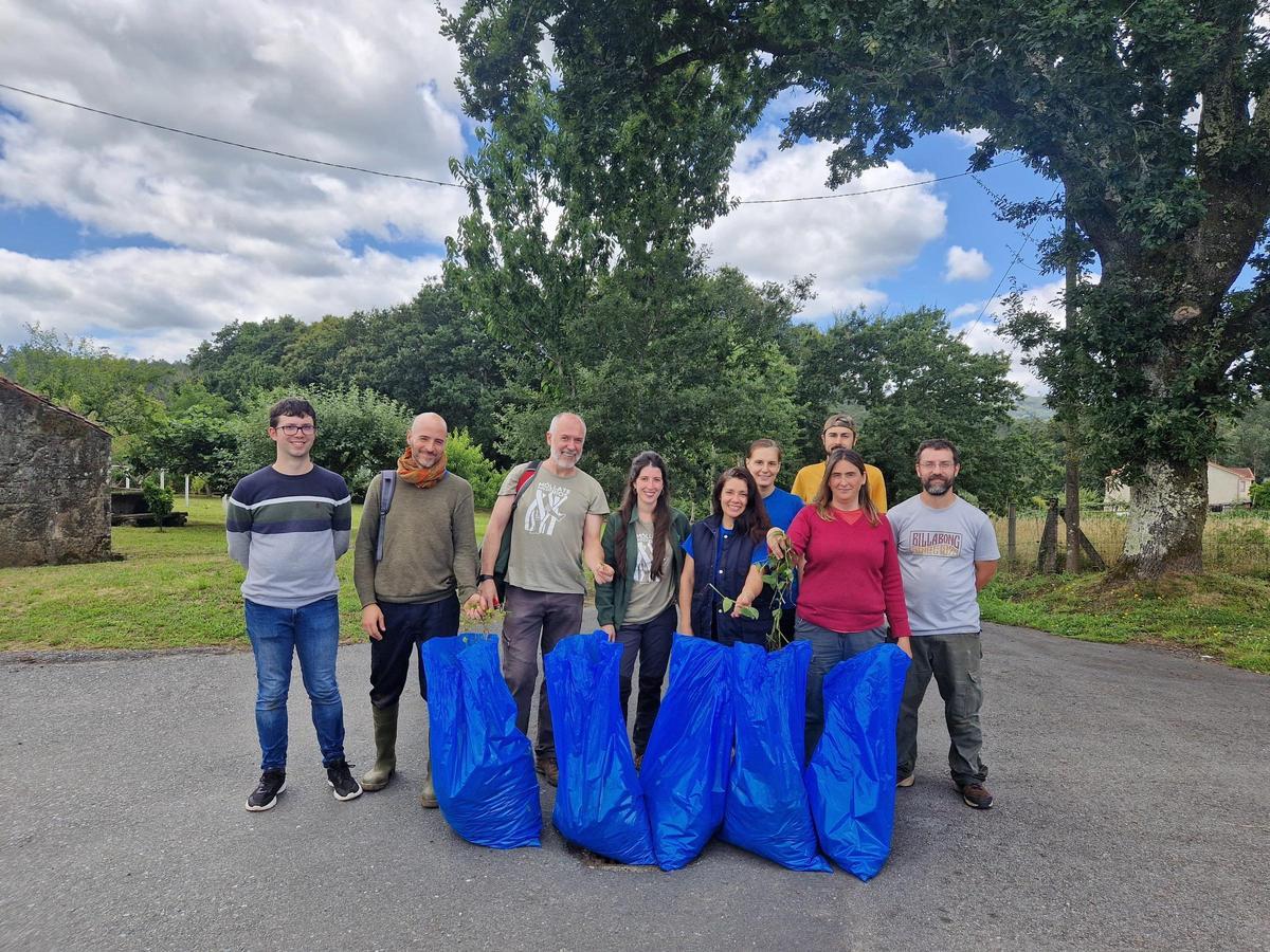 Educadores ambientales y voluntarios de Adega, en el margen de Tambre a su paso por Lens (Ames)
