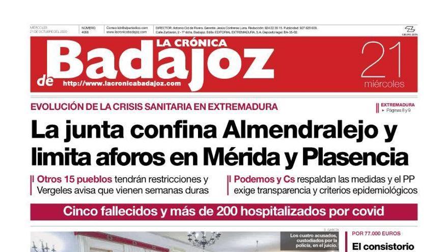 Esta es la portada de LA CRÓNICA DE BADAJOZ correspondiente al día 21 de octubre del 2020