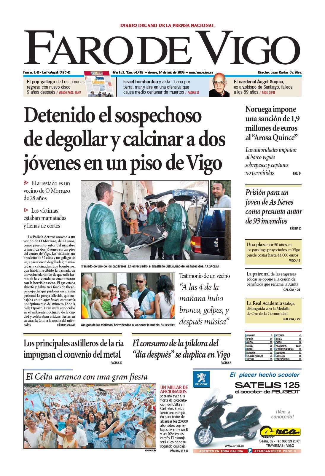 Portada de FARO del 14 de julio de 2006, con la noticia del crimen. | // FDV