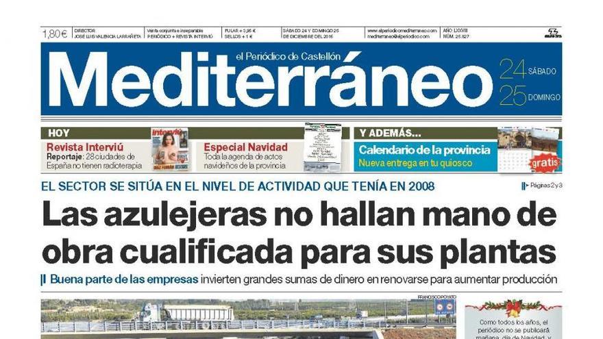 Las azulejeras no hallan mano de obra cualificada para sus plantas, en la portada de Mediterráneo