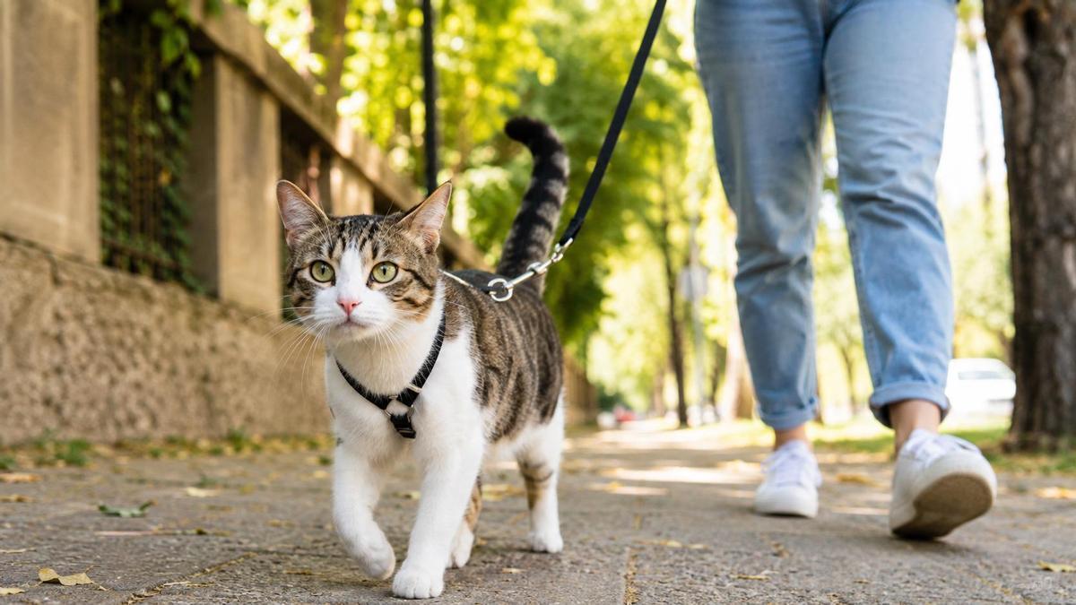 Una mujer pasea a su gato con correa por la calle.