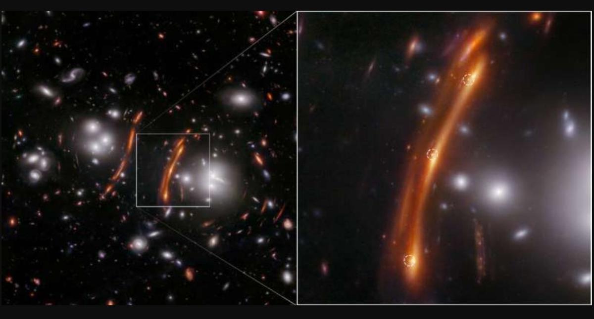 La imagen NIRCam del telescopio espacial James Webb del cúmulo de galaxias PLCK G165.7+67.0, también conocido como G165, a la izquierda muestra el efecto de aumento que puede tener un cúmulo en primer plano sobre sobre el universo distante más allá.
