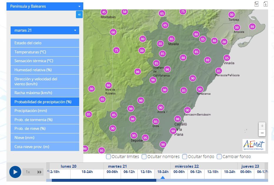 Mapa de probabilidad de precipitaciones de Aemet para el martes por la tarde en Castellón.