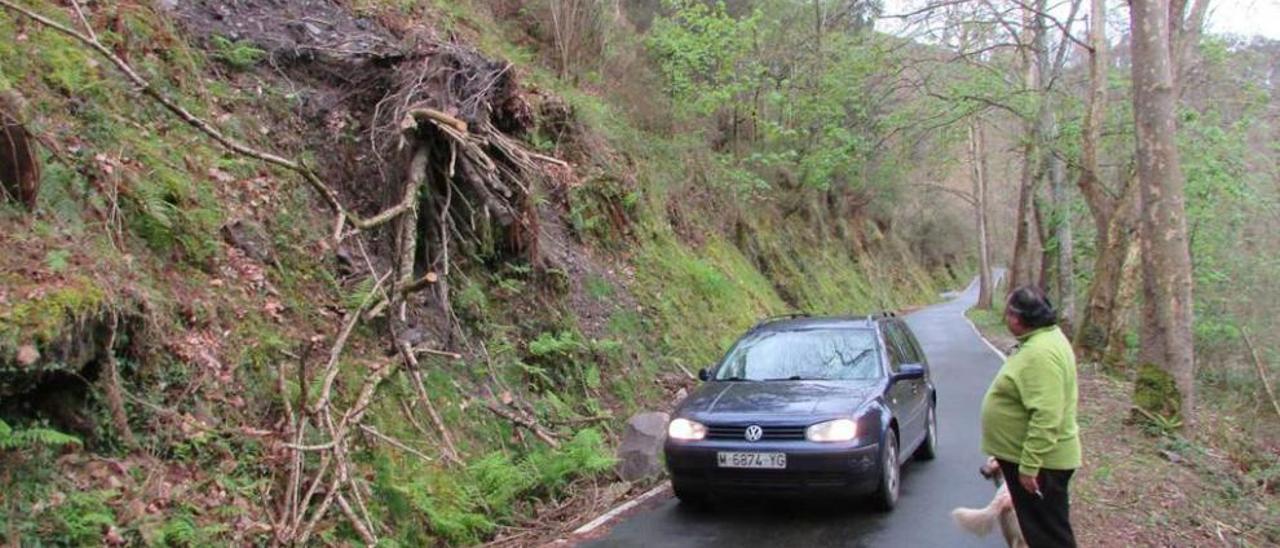 Víctor Piñera, junto al argayo de la carretera de Purón, ayer.