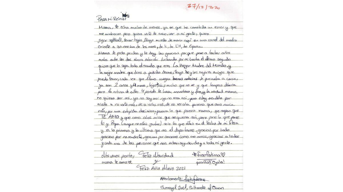Carta de Fátima Ofkir, catalana de 21 años presa en una cárcel de Omán.