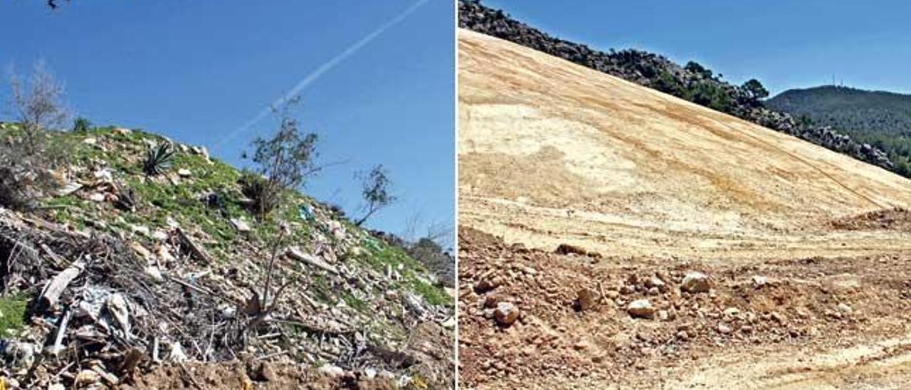 El antes (izquierda) y el después (derecha) de la intervención en s&#039;Estret. Está previsto sembrar árboles y vegetación diversa.