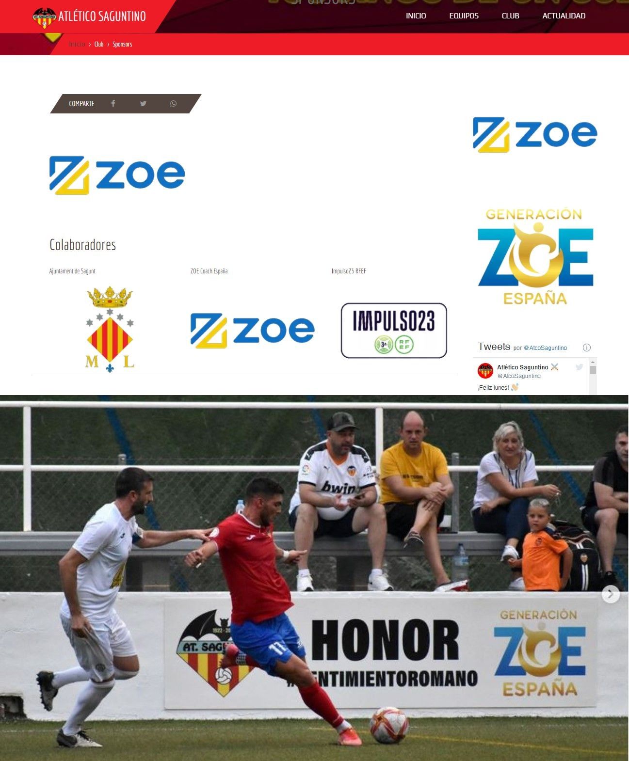 La web del Atlético Saguntino, plagada de logos de Zoe, y abajo publicidad de la empresa en el estadio y en los uniformes de los jugadores