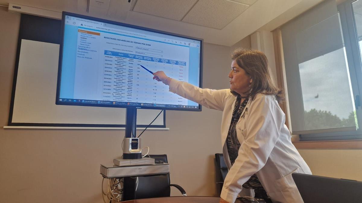 Covadonga Salgado, la directora del Intecmar, mostrando los resultados analíticos obtenidos en diferentes zonas de producción.