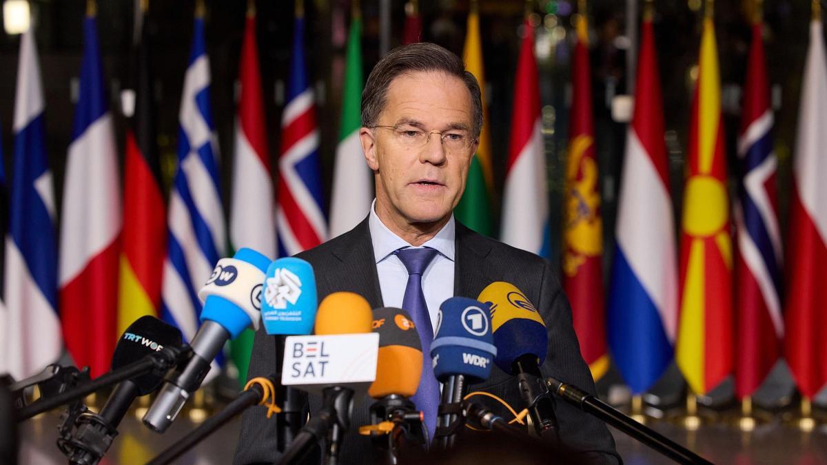 El secretario general de la OTAN, Mark Rutte, en declaraciones antes de la reunión de ministros de Exteriores aliados.