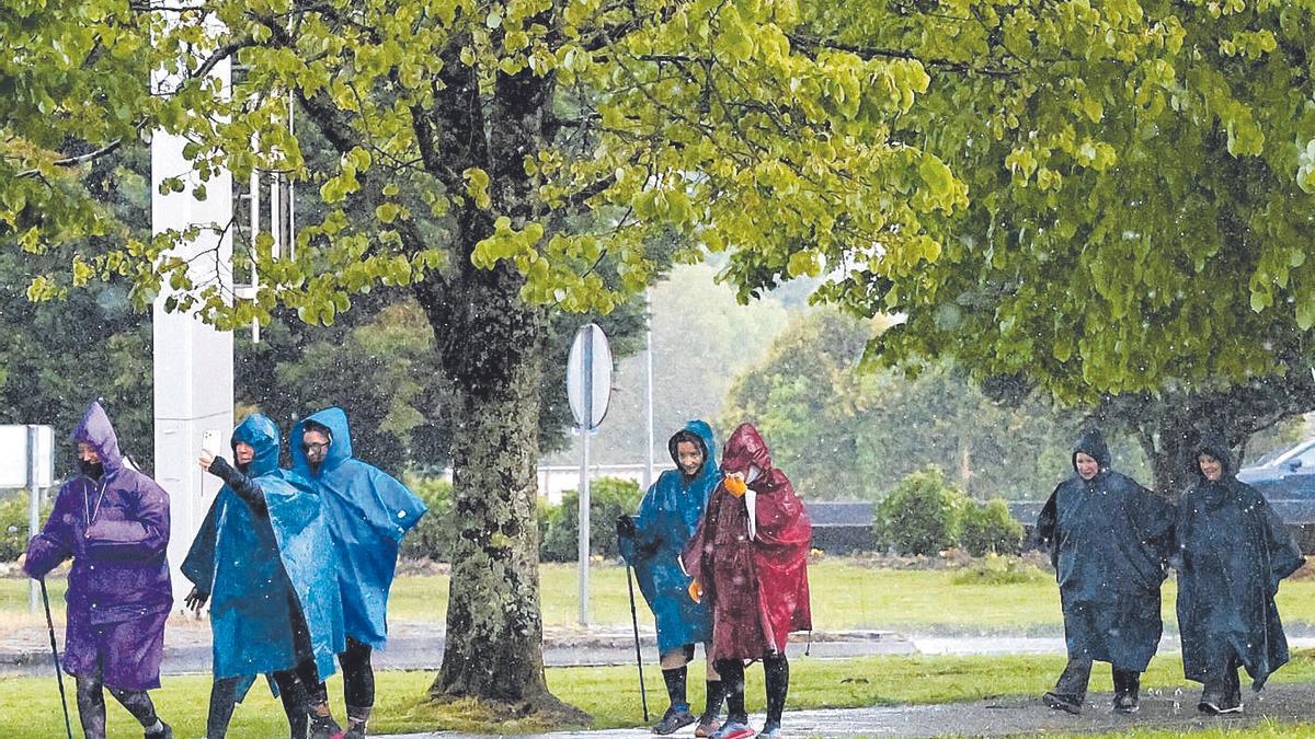 Un grupo de peregrinos, durante una jornada de lluvia, entrando en Santiago de Compostela.