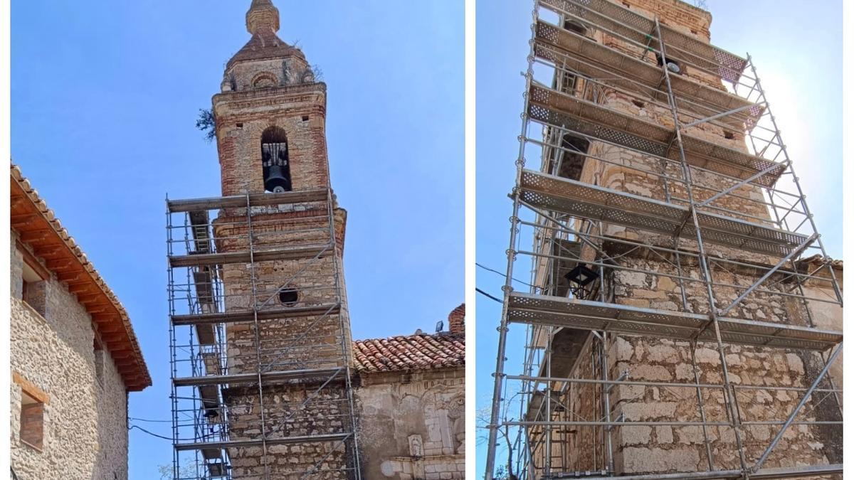 Un gran andamio ya ha colonizado la torre campanario de la iglesia de Palanques.