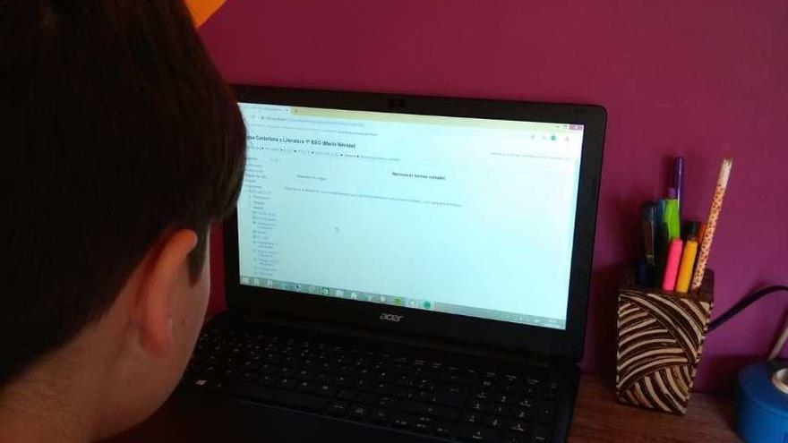 Un alumno de Cangas, siguiendo ayer las clases por el aula virtual en su ordenador. // FdV