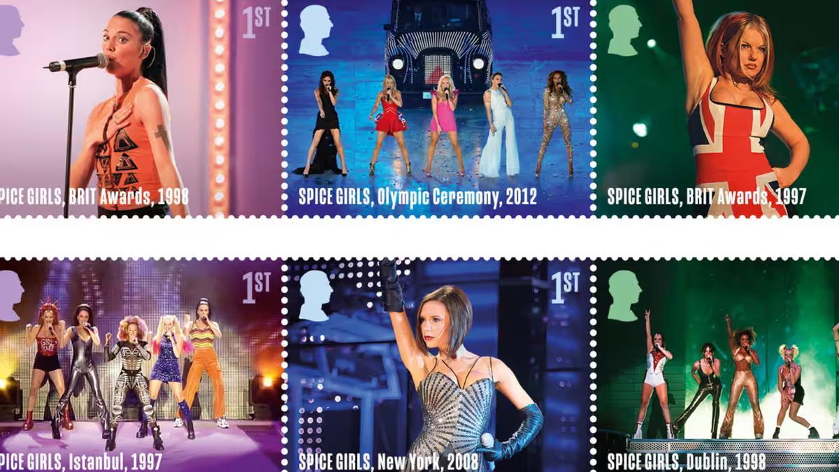 Colección de sellos Royal Mail que celebra los 30 años de las Spice Girls.