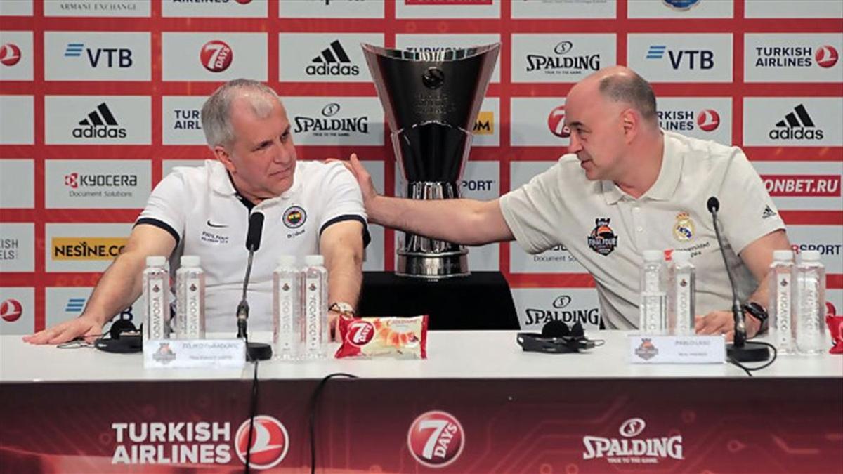 Zeljko Obradovic y Pablo Laso en la rueda de prensa previa a la final de la Euroliga