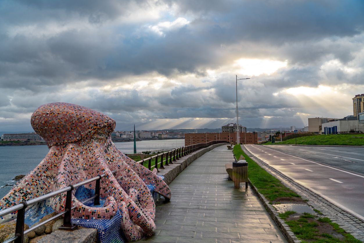 El pulpo nos dará la bienvenida si paseamos por el Paseo Marítimo de A Coruña.