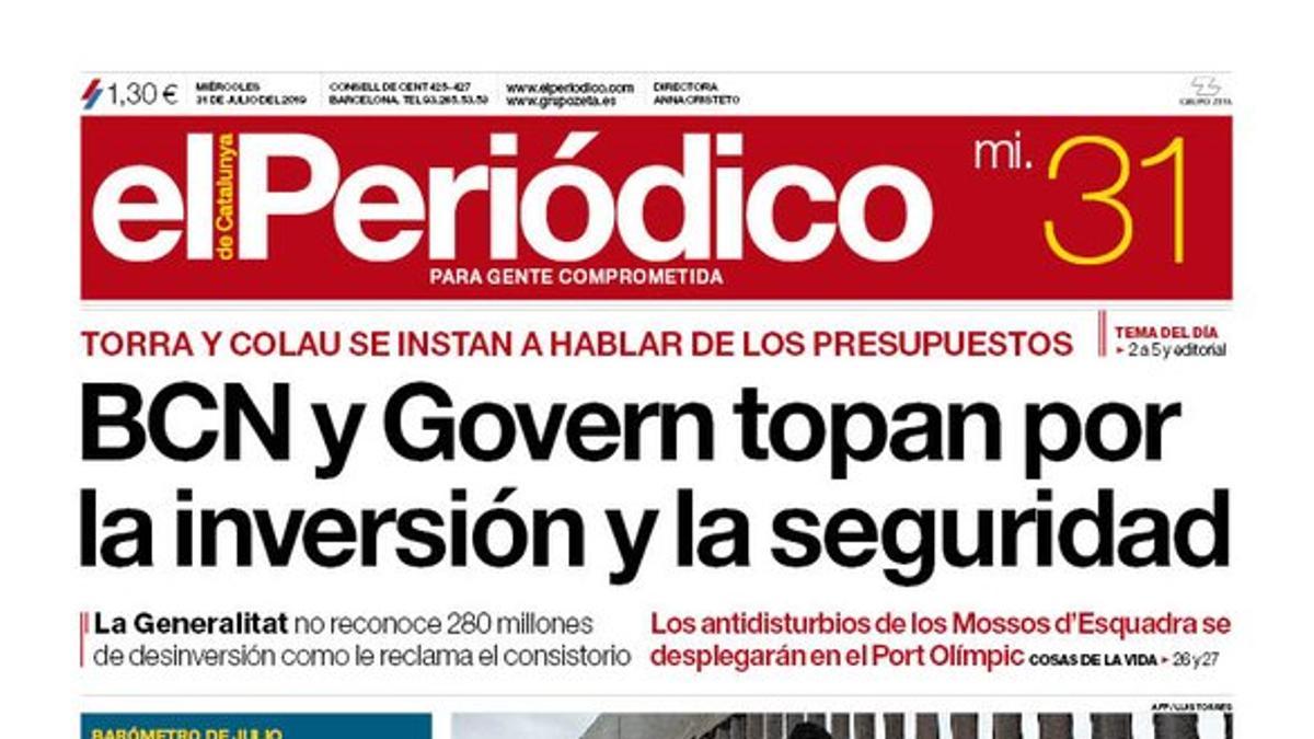 La portada de EL PERIÓDICO del 31 de julio del 2019