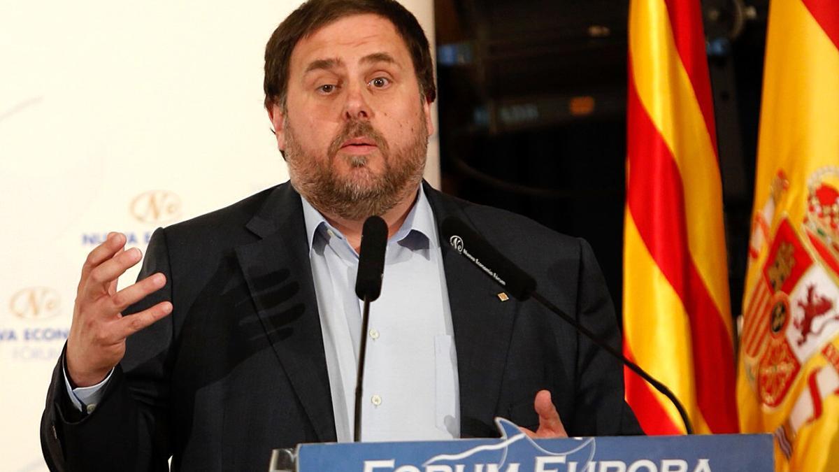 Oriol Junqueras, en el desayuno informativo Forum Europa, hoy, en Madrid.