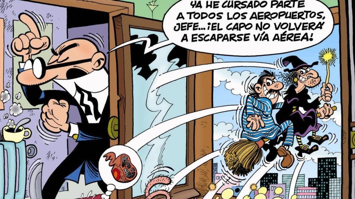 Fragmento de la portada '¡El capo de escapa!', nueva aventura de Mortadelo y Filemón.