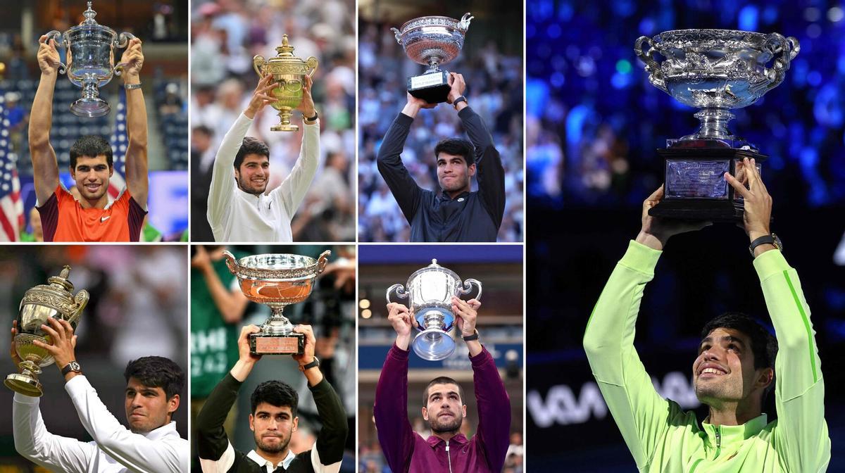 TOPSHOT - (COMBO) This combination photo created on February 1, 2026 shows Spain's Carlos Alcaraz posing with trophies of his seven Grand Slam victories (top L to 2R) - the US Open trophy in 2022, the Gentleman's Singles trophy in 2023 and the Mousquetaires Cup in 2024, (bottom L to 2R) Gentleman's Singles trophy in 2024, the Mousquetaires Cup and US Open trophy in 2025, and (R) the Norman Brookes Challenge Cup trophy after winning the men's singles final at the Australian Open tennis tournament in Melbourne on February 1, 2026. Carlos Alcaraz swept past Novak Djokovic to win his first Australian Open on February 1, 2026 and become the youngest man to complete a career Grand Slam, denying the Serbian great an unprecedented 25th major. (Photo by AFP) / -- IMAGE RESTRICTED TO EDITORIAL USE - STRICTLY NO COMMERCIAL USE --. -- IMAGE RESTRICTED TO EDITORIAL USE - STRICTLY NO COMMERCIAL USE --