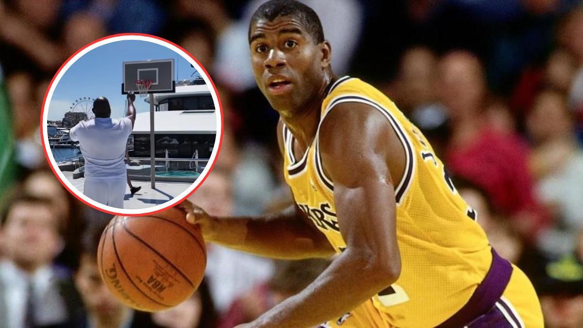 Magic Johnson vuelve a Barcelona en un super yate con canasta.