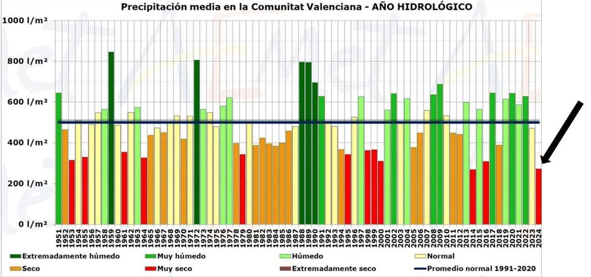 Histórico de precipitaciones medias en la Comunidad Valenciana. En algunas zonas del sur de la provincia de Alicante por debajo de los 200 litros