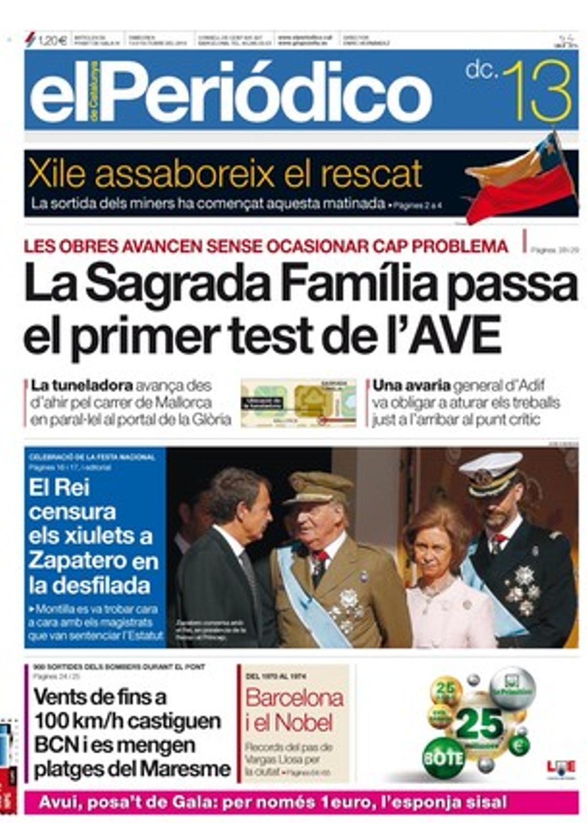A més de les notícies de la portada, EL PERIÓDICO destaca a dins que el treball per compte propi s’obre pas a Cuba, que el president José Montilla va tenir ahir, durant la desfilada, una tensa conversa amb María Emilia Casas i dos magistrats més del Tribunal Constitucional, que el PSC dóna per trencada la negociació per a un cara a cara preelectoral Montilla-Mas, que una avaria al cervell de la xarxa va deixar tot Catalunya sense trens dues hores, que el 30% dels turistes japonesos pateixen robatoris al metro de Barcelona, que les vendes de les marques blanques perden força, i que les companyies de neteja viària porten el deute dels ajuntaments als tribunals.