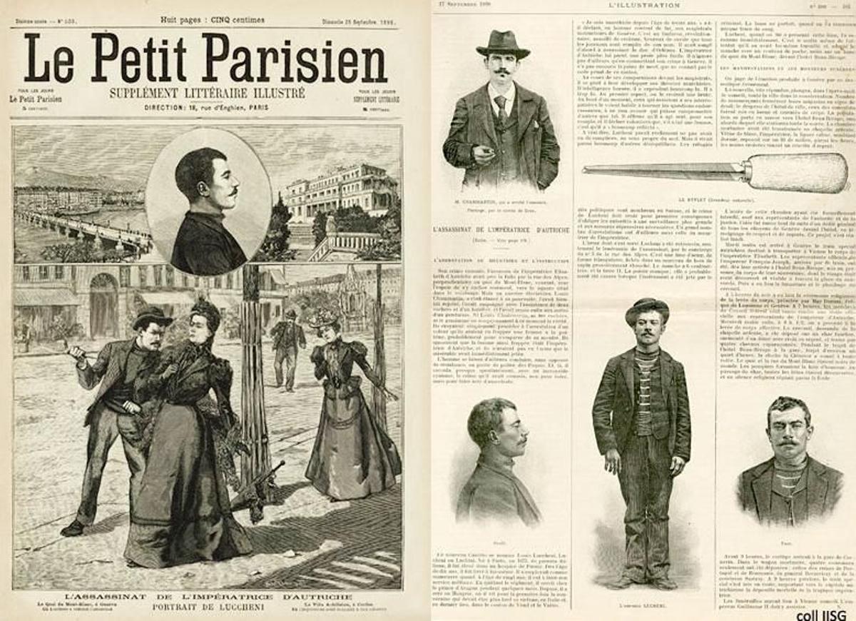 Portada de 'Le Petit Parisien' tras el asesinato y otras publicaciones analizando el arma y la muerte de la emperatriz.