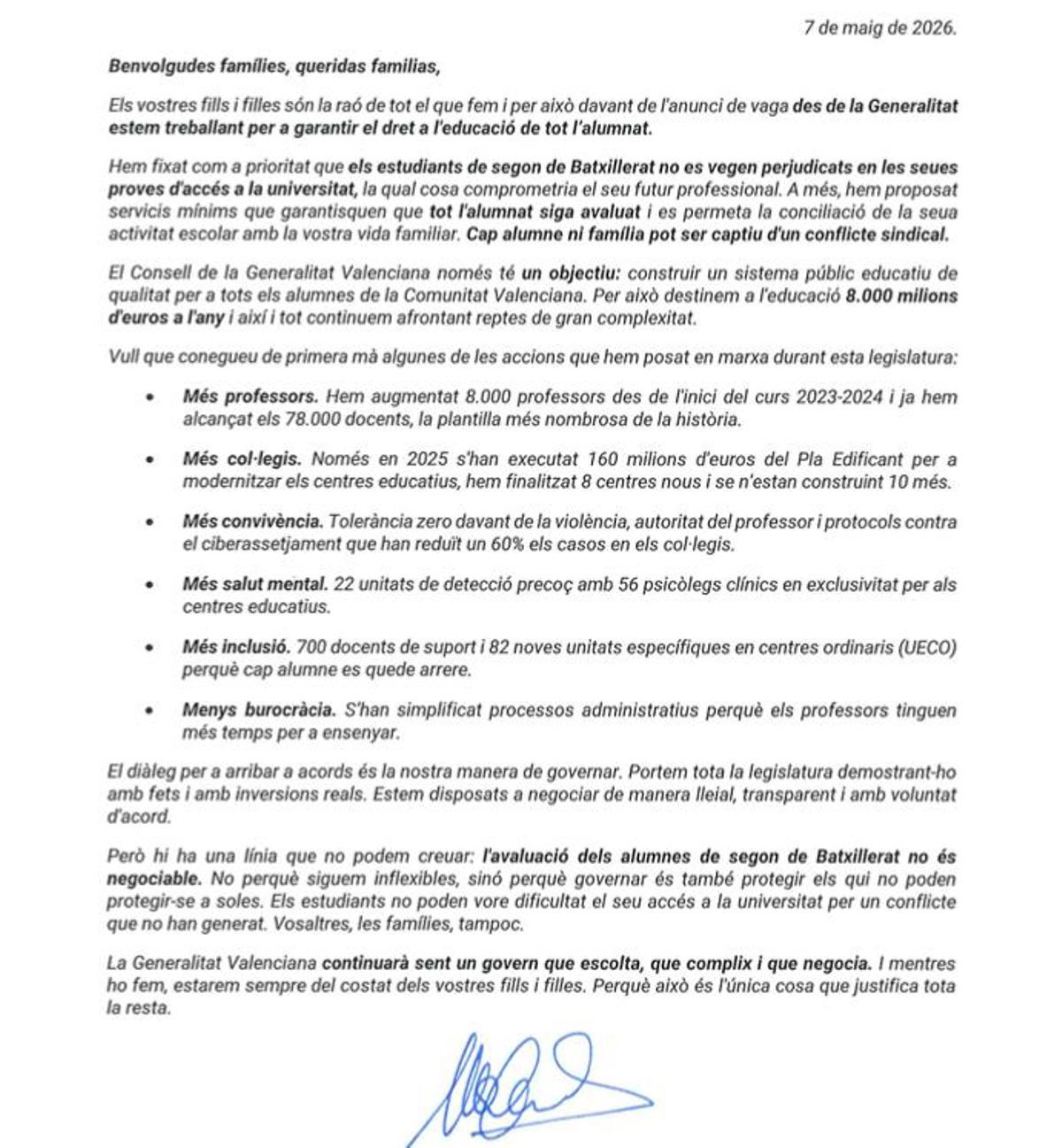 Carta íntegra que han recibido las familias de parte de la consellera
