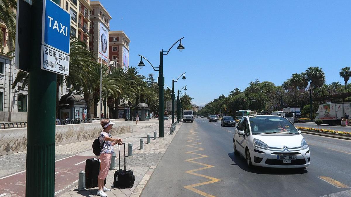 Una usuaria espera un taxi en la plaza de la Marina.