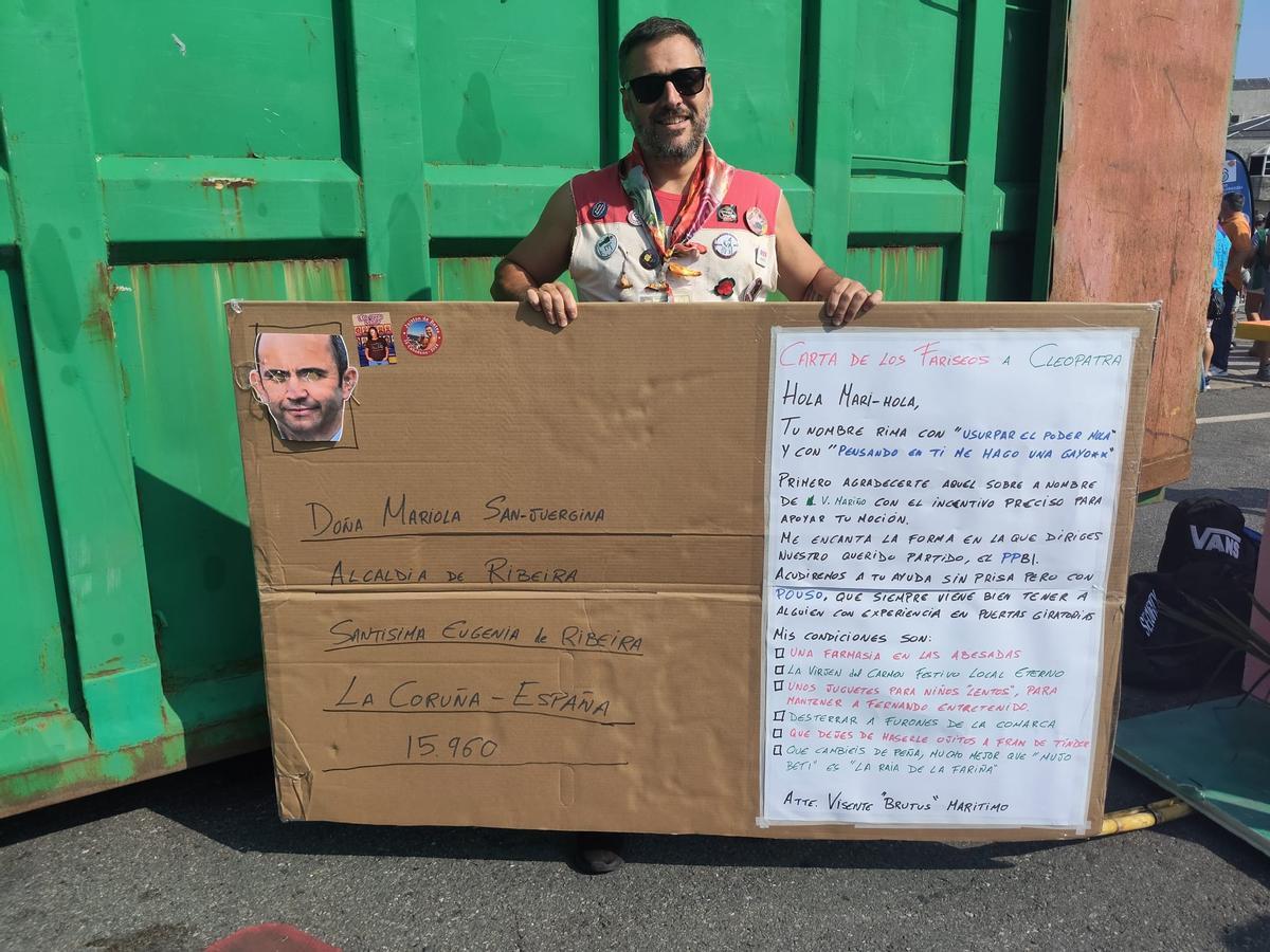 Carta de 'Visente Brutus Marítimo' para a alcaldesa, coa que participou a peña Juiston de batea.