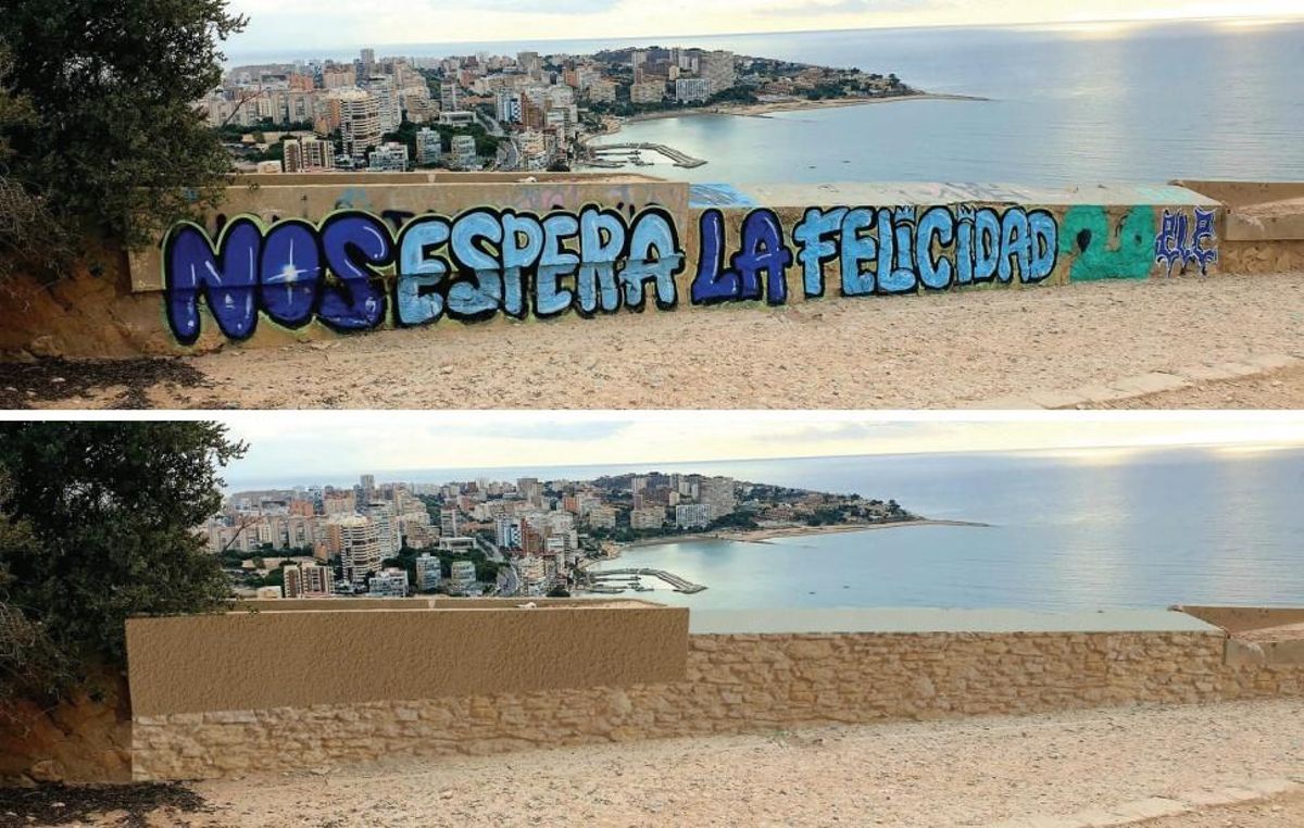 Recreación virtual de cómo quedaría la limpieza de grafitis en la Serra Grossa
