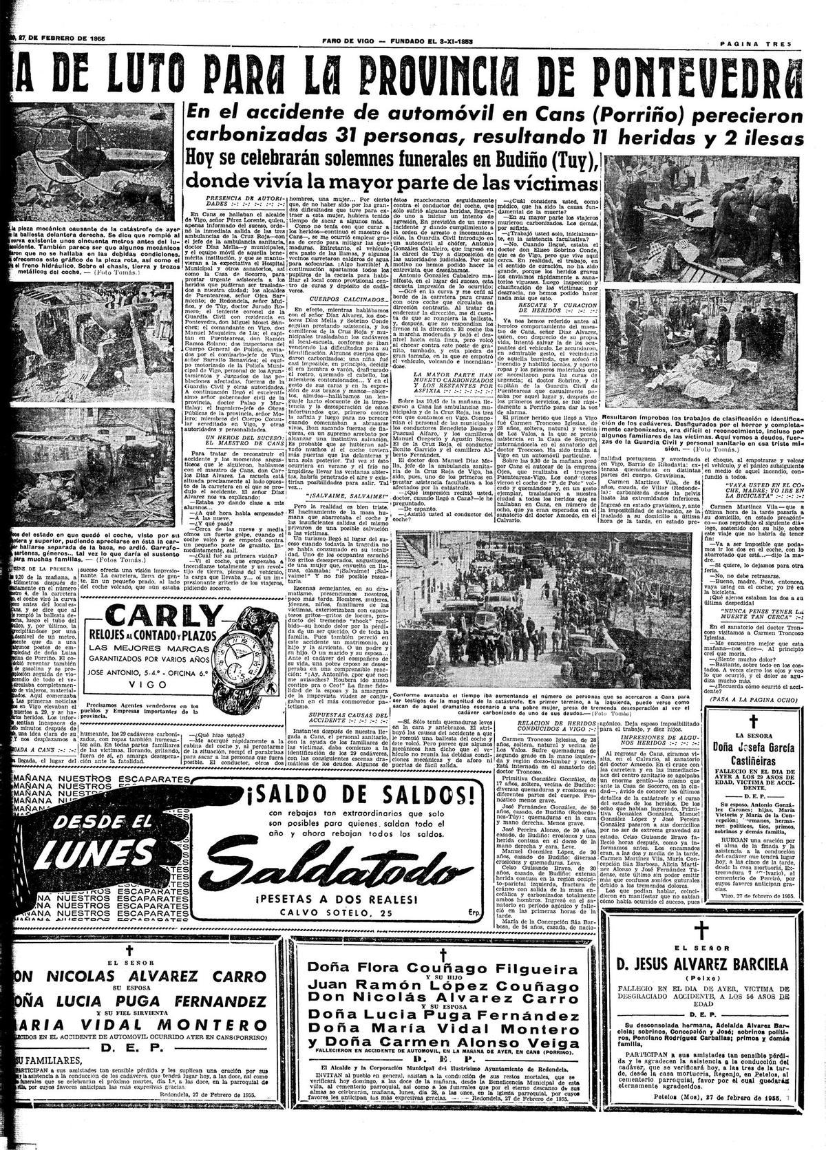 Noticia de FARO DE VIGO del 27 de febrero de 1955 en la que se informa del trágico accidente de autobús en Cans.