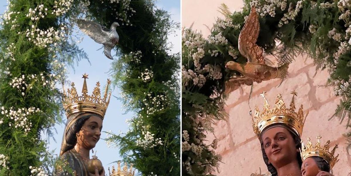 Imágenes en las que se observa la anterior paloma plateada y la que tiene partes doradas, que se colocó el pasado domingo durante la Festa del Termet, al no encontrarse la anterior.