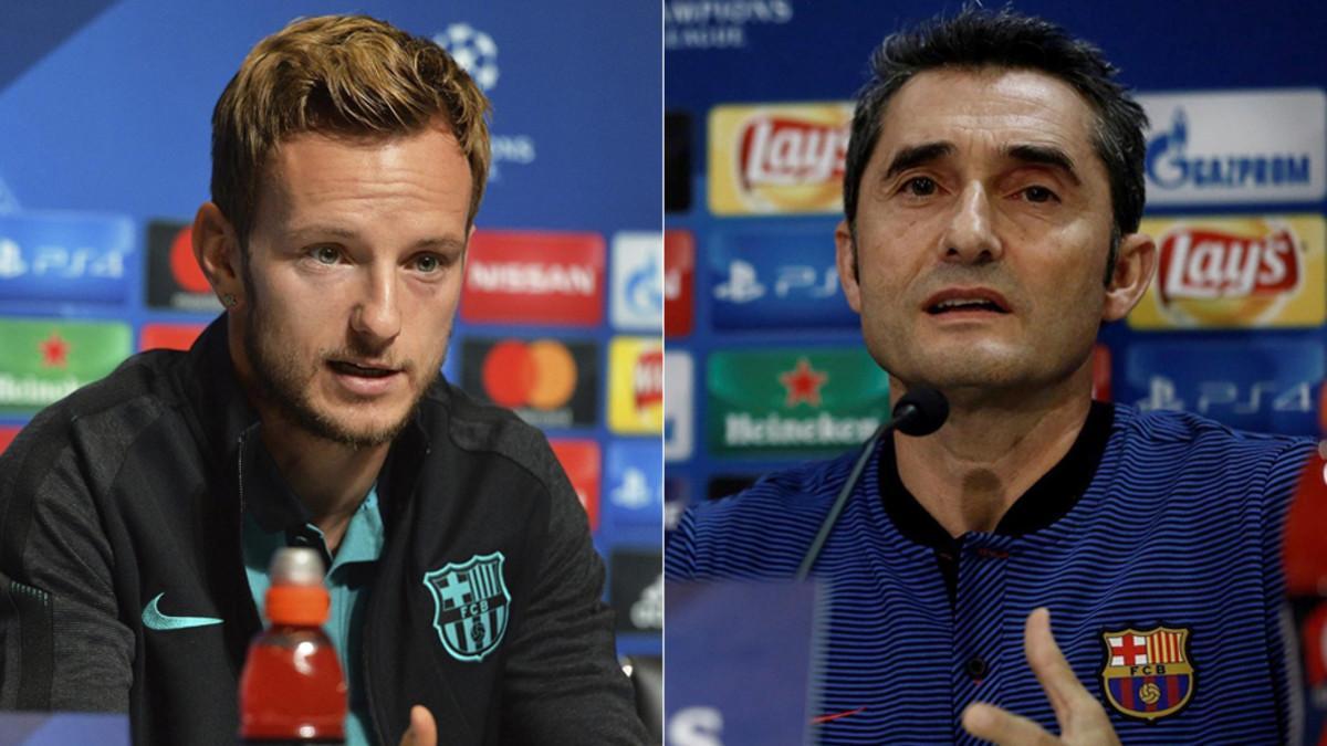 Ivan Rakitic y Ernesto Valverde, centrocampista y entrenador del FC Barcelona, respectivamente